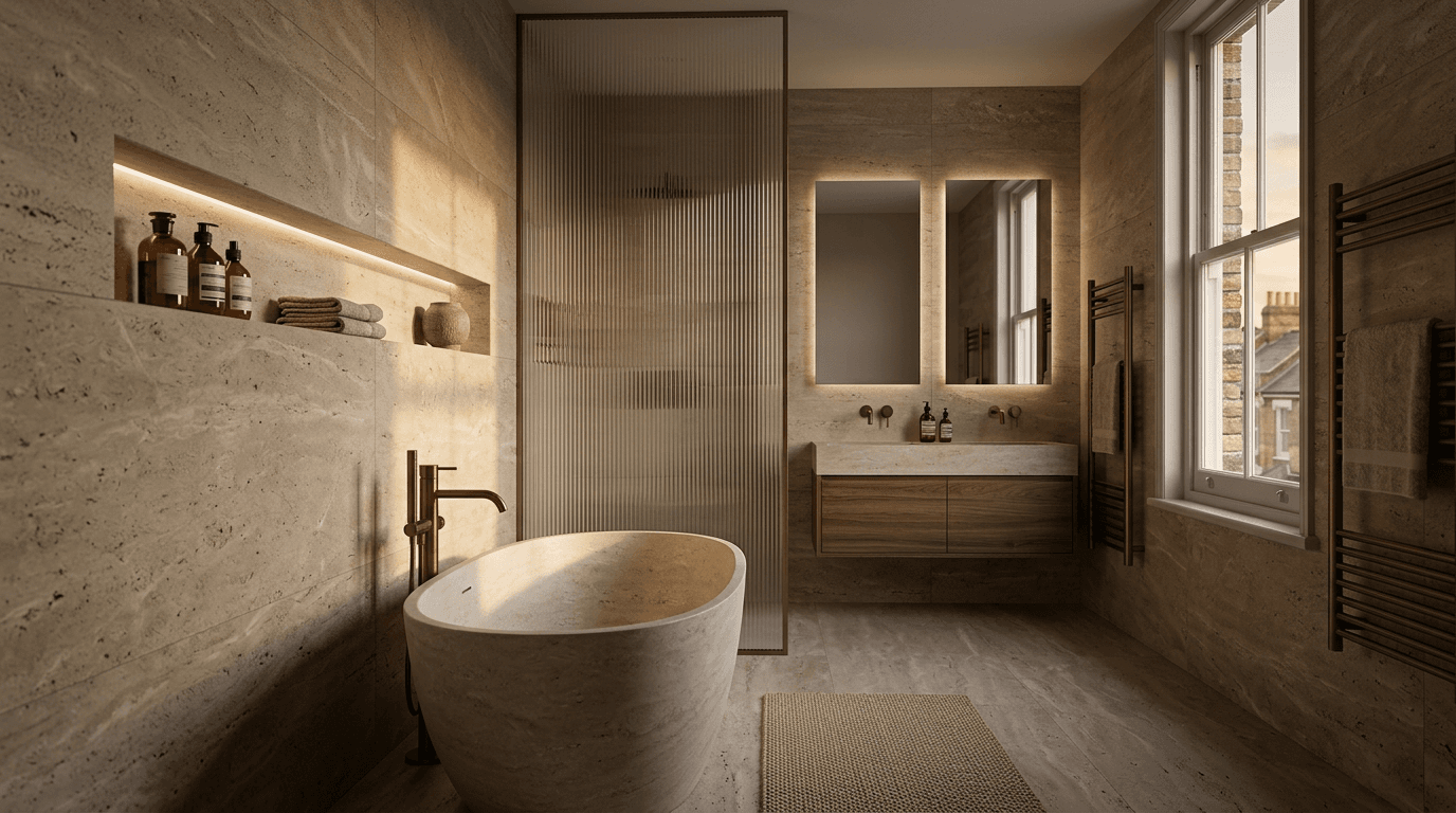Fully tanked wet room with linear drain in a London bathroom by TB&D Construction — stone tiles throughout, frameless glass panel.