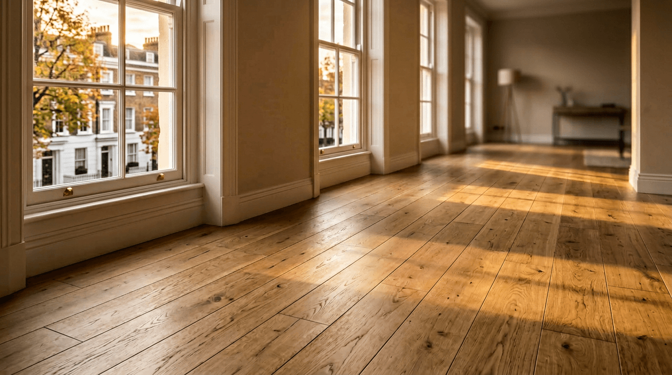 Wide-plank engineered oak flooring installed in a London home by TB&D Construction.