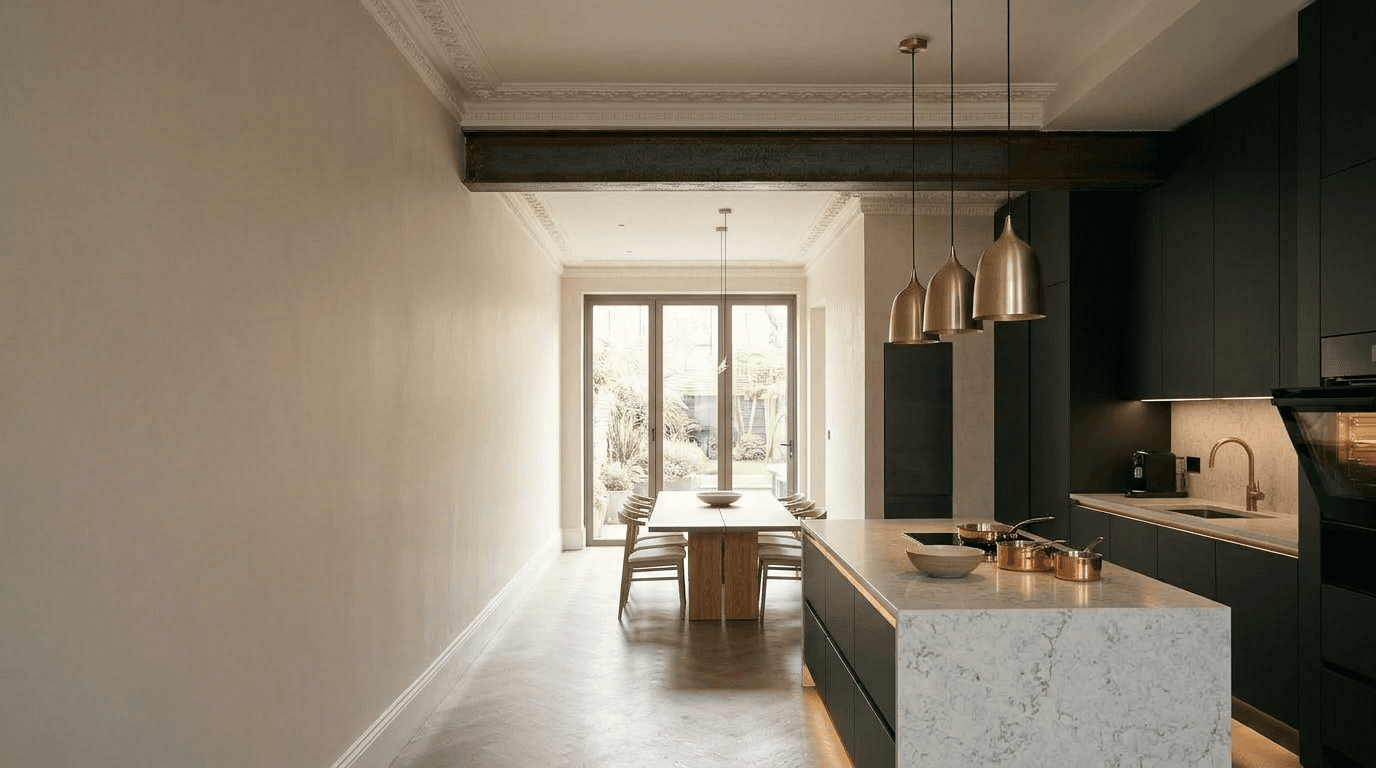 Open-plan kitchen renovation in a London period property by TB&D Construction — island, stone worktop, brass fittings.