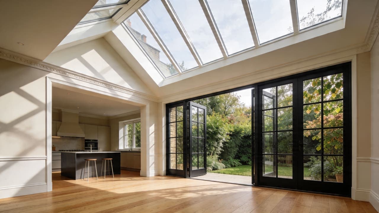 Single-storey rear extension on a London Victorian terrace by TB&D Construction — full-width glazing, polished concrete floor.