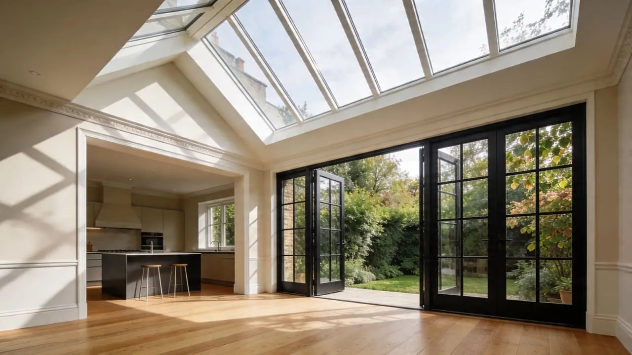 Single-storey rear extension on a London Victorian terrace by TB&D Construction — full-width glazing, polished concrete floor.