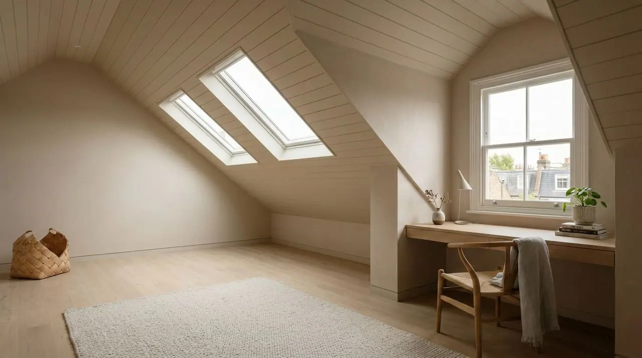 Completed loft conversion in a London Victorian terrace by TB&D Construction — dormer, en-suite, exposed eaves.
