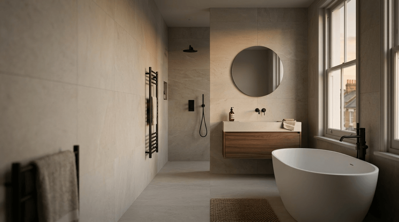 Luxury modern London bathroom by TB&D Construction — freestanding bath, stone tiles, floating walnut vanity