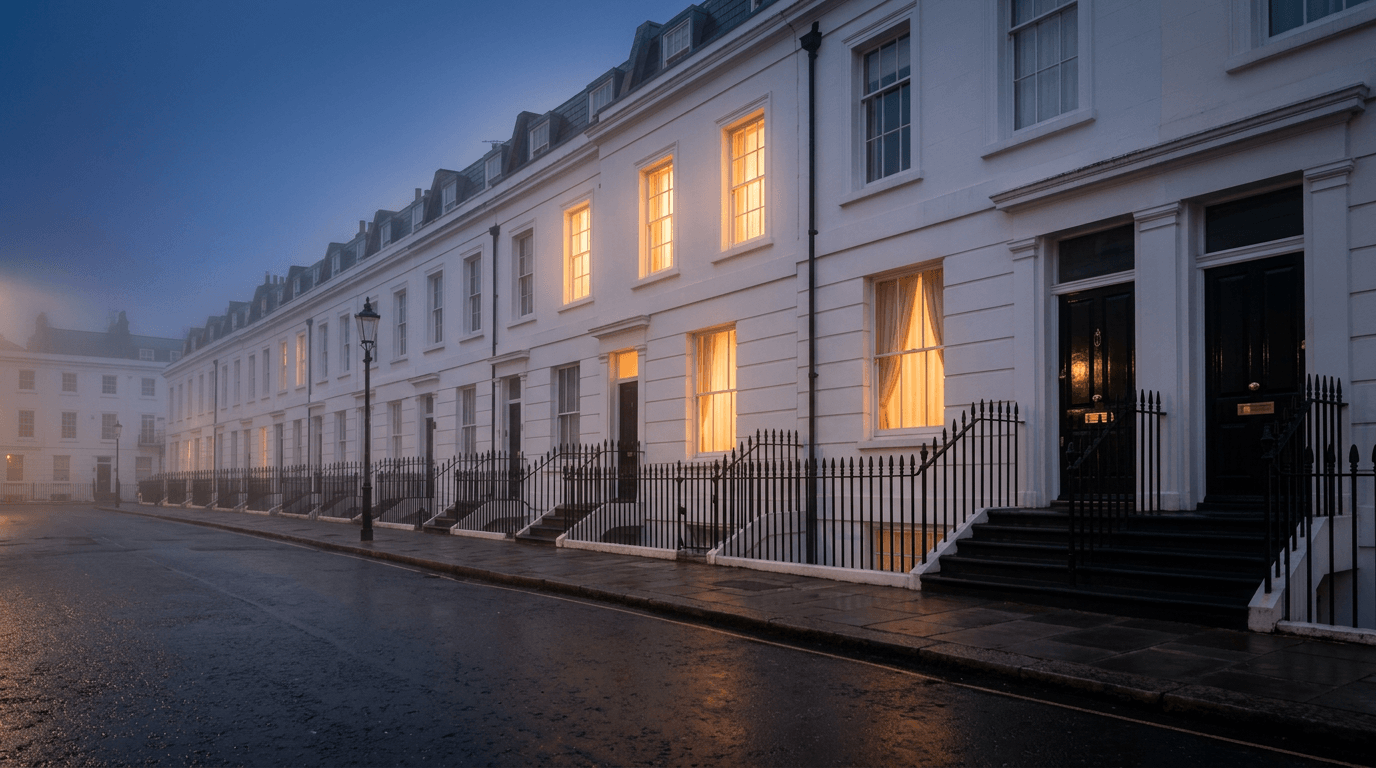 A classic London Georgian terrace at blue hour — representative of the homes TB&D Construction works on across Greater London