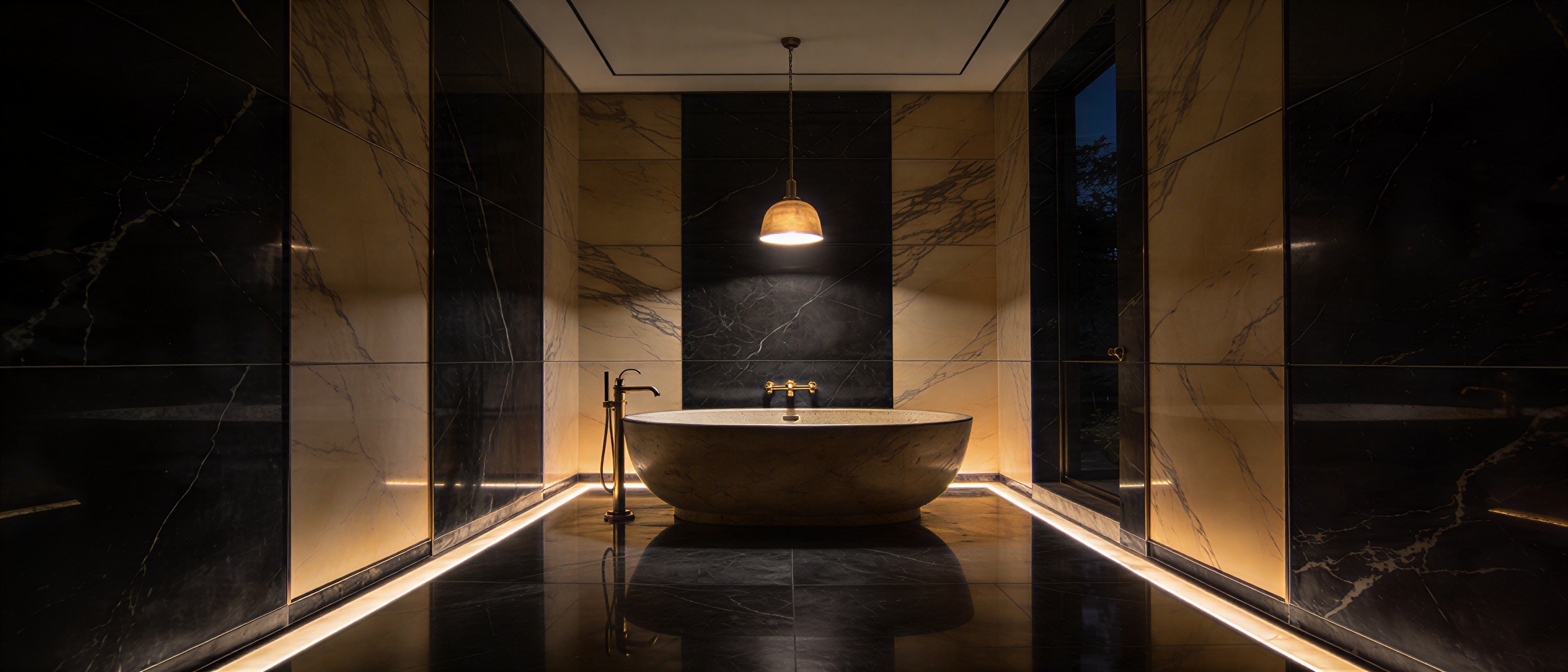 TB&D Construction — luxury marble bathroom with warm pendant lighting
