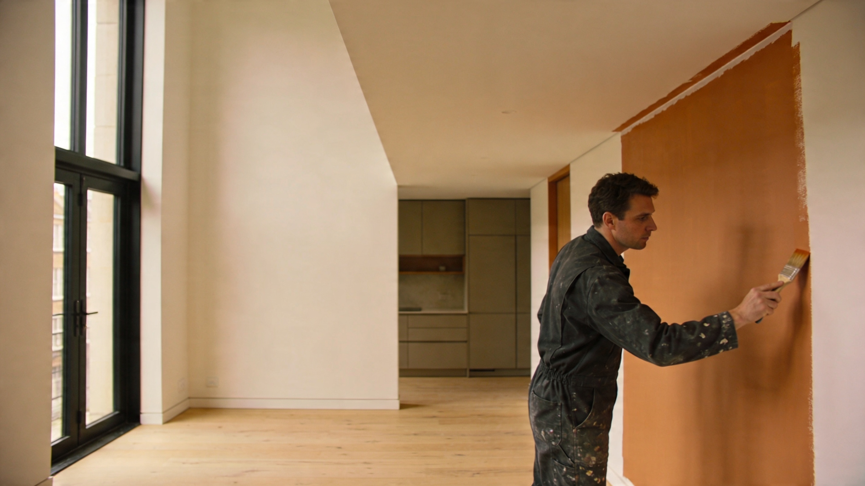 Precise interior painting by TB&D Construction — razor-sharp cut-in line in a modern London home