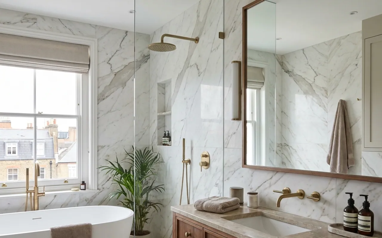 Warm-luxe London bathroom by TB&D Construction — a bespoke walnut vanity with brushed-brass taps against book-matched marble, with a freestanding bath under a sash window.