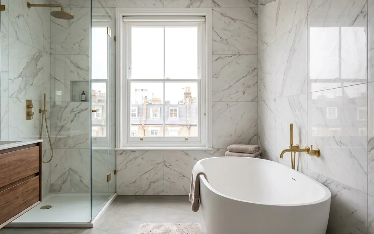 Freestanding bath in a London bathroom by TB&D Construction — a white stone-resin tub beside a glass walk-in shower, with marble walls and a polished concrete floor.