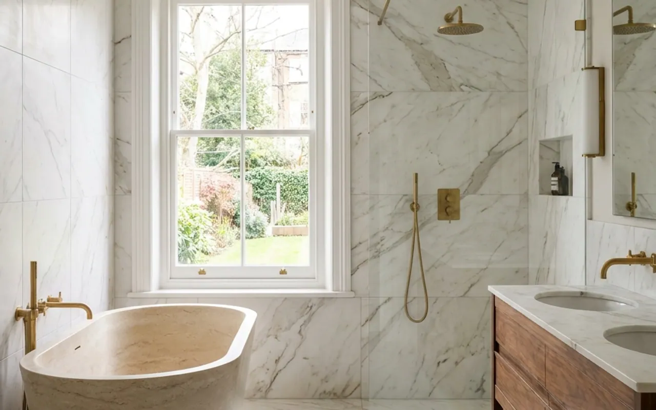 London marble bathroom by TB&D Construction — book-matched white marble walls, a freestanding stone bath and aged-brass fittings beneath a period sash window.
