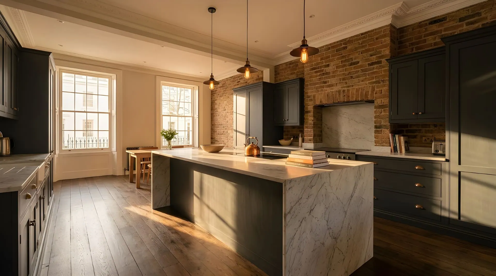 A fully renovated period home — restored cornicing, modern kitchen and lounge — the level of finish a TB&D transformation aims for